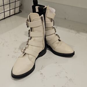 Women's Cream Buckle Ankle Boots